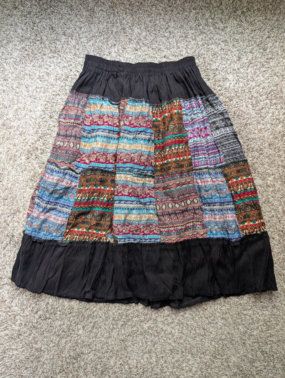 Bohemian Patchwork Knee Length‎ Skirt - Multicolor With Black Sz S World Fairy
